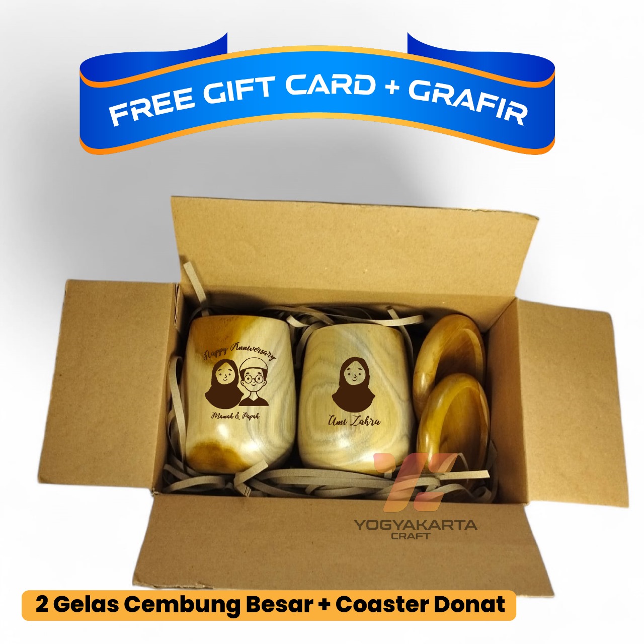 Hampers dua gelas cembung besar kayu jati stainles + coaster