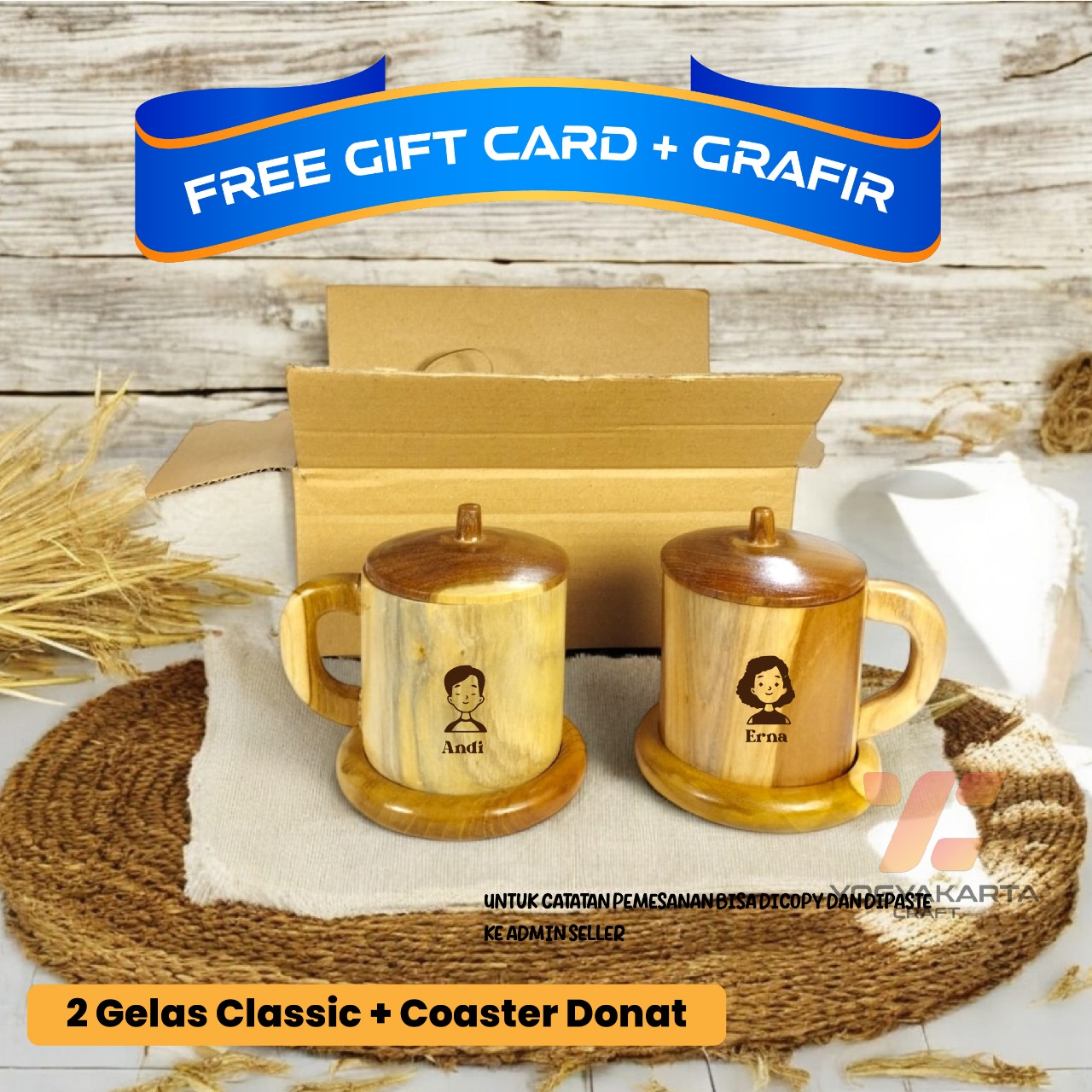 Hampers dua gelas classic kayu jati + coaster